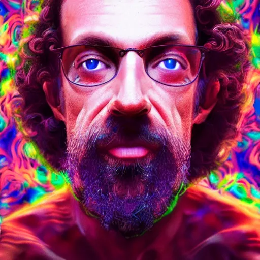 Image similar to terence McKenna posing seductively with psychedelic mushrooms, psychedelic, fractal, cinematic lighting, dramatic, octane render, full body, trending on artstation, perfect facial symmetry, bokeh, 8k, intricate, hyper detailed