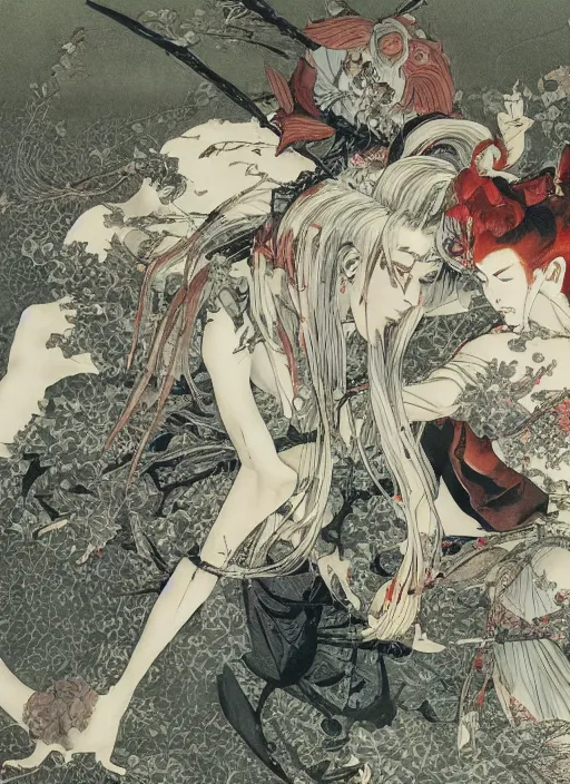 Image similar to battle between good and evil , battle between angels and demons, by and Takato Yamamoto and Yoshitaka Amano, high resolution, ultra detailed