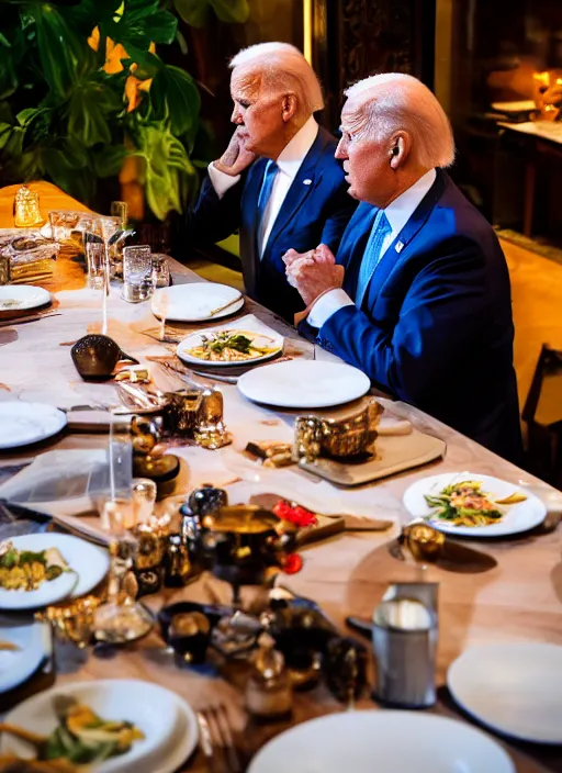 Image similar to Trump and Biden having dinner at a fancy Balinese restaurant, award winning photography, sigma 85mm Lens F/1.4, perfect faces