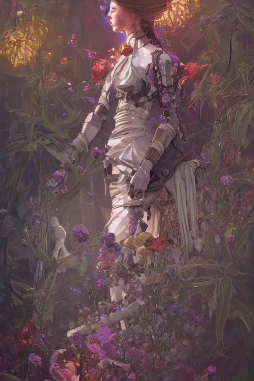 Image similar to ultra realistic, robot broken woman lying flower garden, cyberpunk, sci - fi, fantasy, intricate, elegant, highly detailed, digital painting, artstation, concept art, smooth, sharp focus, illustration, art by artgerm and greg rutkowski and alphonse mucha