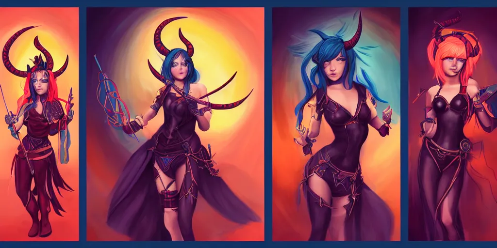 Image similar to triptych of youthful female feminine horned tiefling female bard with long bob cut blue hairstyle, her skin is tangerine, she has immaculate skin and pure black eyes and is wearing colorful leather armor by rossdraws,