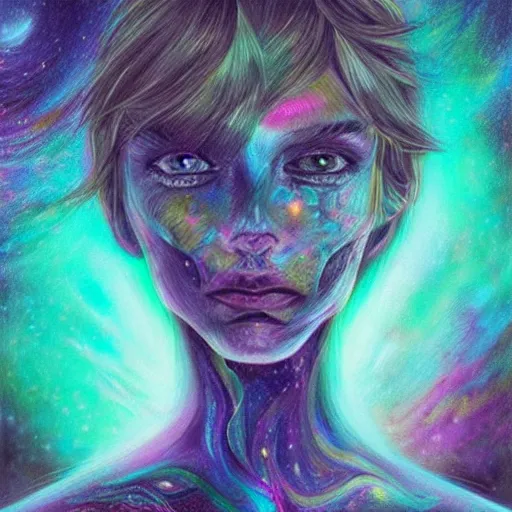 Prompt: beautiful detailed artistic portrait of a person travelling between different astral planes. grainy and rough. artistic painting by lurid ( 2 0 2 2 ). featured on deviantart.