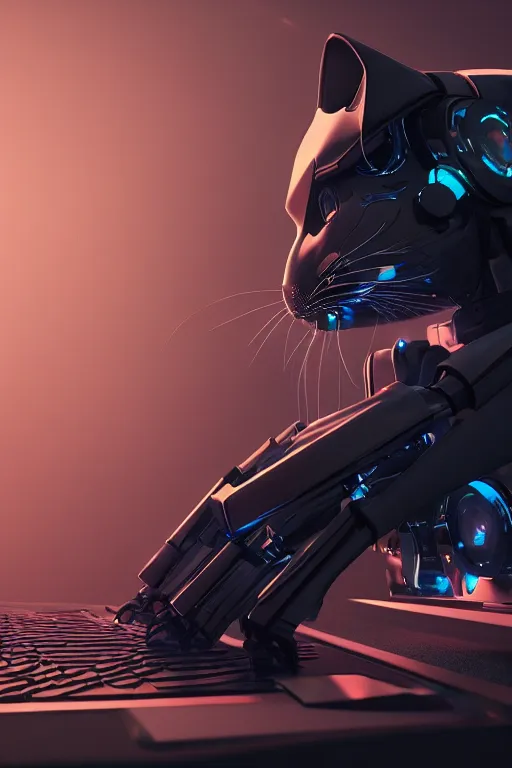 Image similar to portrait of a robotic cat eating a computer mouse. cinematic, cyberpunk, digital art, blender, octane render, volumetric lighting, 8 k, detailed, trending on artstation