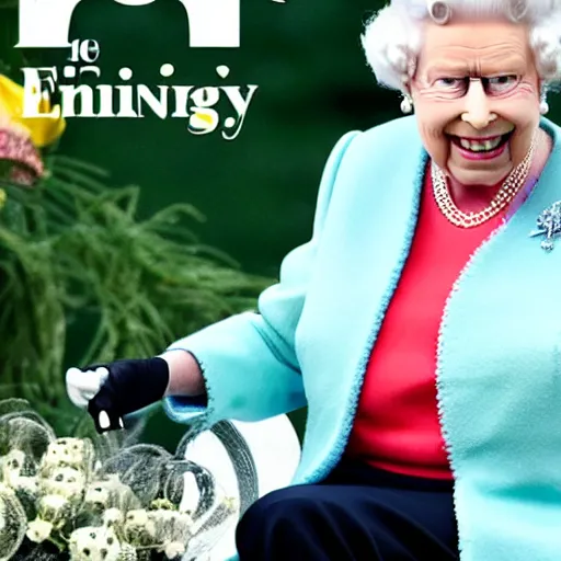 Image similar to the queen of england grinning and flipping the bird, in a magazine cover photo.