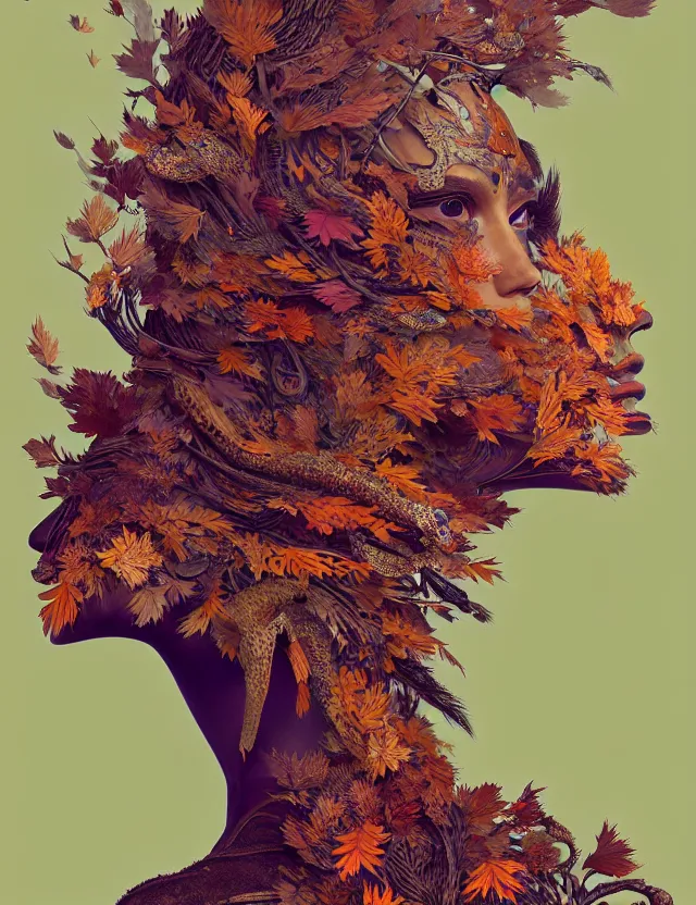 Image similar to 3 d goddess close - up profile portrait of alicia vikander wearing a beautiful intricately detailed japanese autumn fox mask, fall leaves, phoenix, dried plants, wind, creature, artwork by tooth wu and wlop and beeple and greg rutkowski