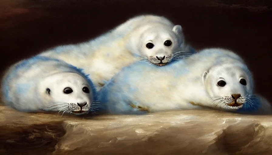 Prompt: highly detailed painting of cute furry white baby seal leopards cuddling into each other on a blue and white iceberg by william turner, by greg rutkowski, by william constable, thick brush strokes and visible paint layers, 4 k resolution