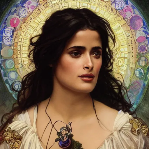 Prompt: salma hayek portrait by alfons mucha, playful, fantasy, medieval, beautiful face, perfect detailed eyes, vivid colrs, elegant, concept art, sharp focus, digital art, hyper - realistic, 4 k, unreal engine, highly detailed, hd, dramatic lighting by brom, trending on artstation, holy halo