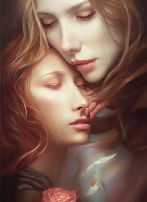 Prompt: art theme love is patient love is kind, photorealistic oil painting by charlie bowater and mark blooms, wlop