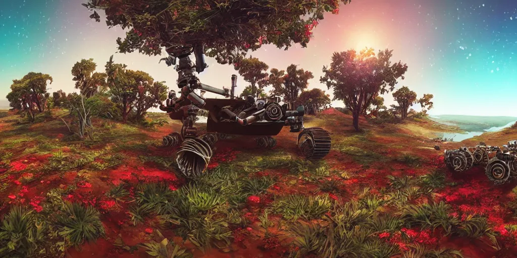 Prompt: selfie of mars rover on an exotic planet, colorful, artstation, many trees, water, fantasy creatures, flora, flowers, grass