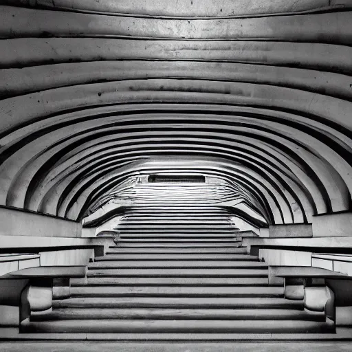 Prompt: black and white surreal photograph, highly detailed vast space made of stairsteps, sideview, detailed textures, natural light, mist, architecture photography, film grain, soft vignette, sigma 1 4 mm f / 1. 4 1 / 1 0 sec shutter, darren aronofsky film still promotional image, imax 7 0 mm footage