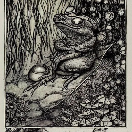 Prompt: toad philosopher toad in a pose The Thinker, swamp, toad, hoptoad, illustrations by irish fairy tales james stephens arthur rackham, fairy tale illustrations, green ratio, very detailed, 8k, high resolution