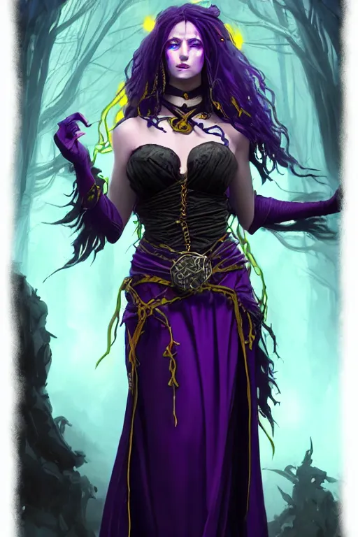 Image similar to Female necromancer, beautiful, enticing, dark purple robes, blue corset, long skirt, dark skin, glowing yellow eyes, violet long hair, high fantasy, heroic character, looking from shoulder, magic energy on hands, detailed face!, detailed!, spellcasting pose, by greg rutkowski, WLOP, Genzoman and Gary Gygax, trending on Artstation artstationHD, artstationHQ, cgsociety, 8K HD
