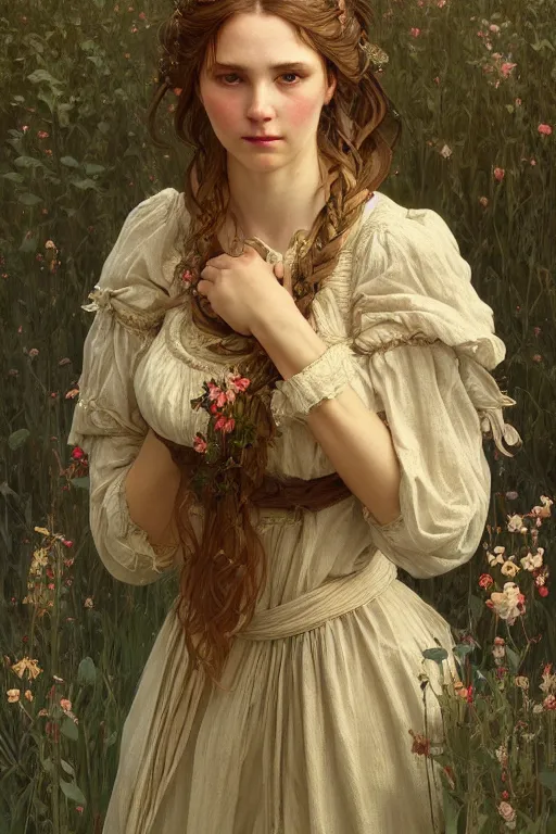 Image similar to beautiful cottagecore peasant maiden, intricate, elegant, highly detailed, digital painting, artstation, concept art, smooth, sharp focus, illustration, art by artgerm and greg rutkowski and alphonse mucha