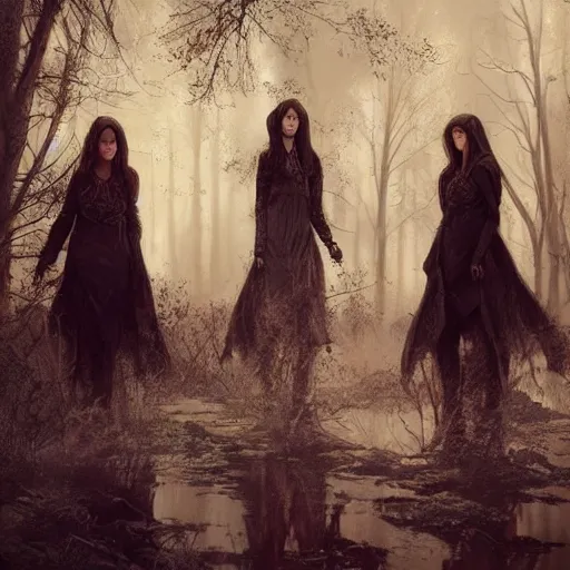 Prompt: photo realistic image of witch coven, stunning 3 d render inspired art by istvan sandorfi and greg rutkowski, perfect facial symmetry, realistic, highly detailed attributes and atmosphere, dim volumetric cinematic lighting,