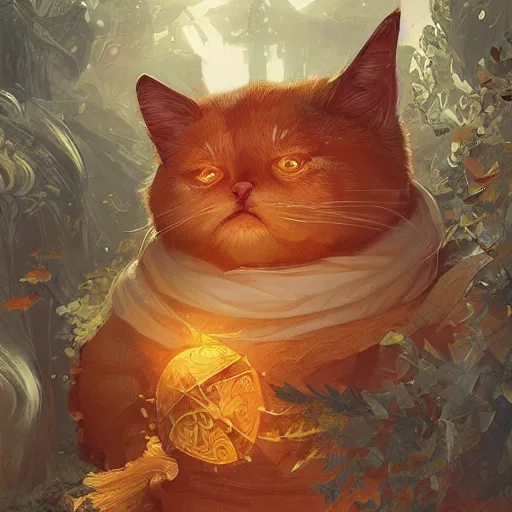 Image similar to fat orange cat, D&D, fantasy, intricate, elegant, highly detailed, digital painting, artstation, octane render, concept art, matte, sharp focus, illustration, hearthstone, art by Artgerm and Greg Rutkowski and Alphonse Mucha