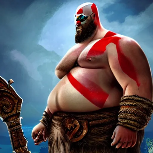 Prompt: morbidly obese god of war has like ten chins