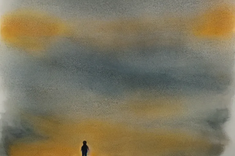 Prompt: beautiful serene walk to the top of the hill to see the wast horizon, healing through motion, life, minimalistic golden and ink airbrush painting on white background, pristine dream