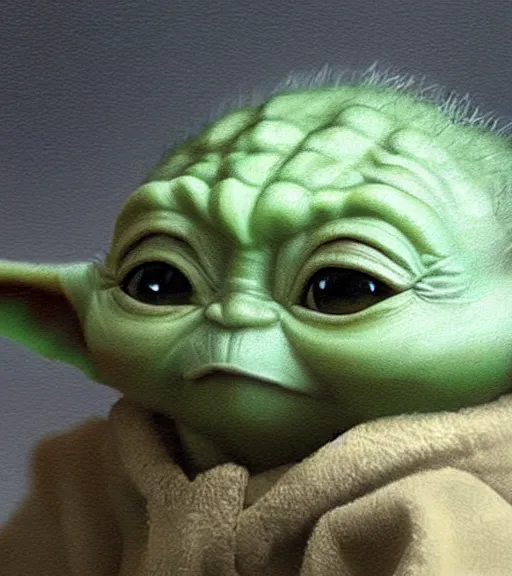 Image similar to a closeup portrait of Baby Yoda by Craig Mullins; extraordinary-masterpiece; realistic-lighting; anatomically-correct; 90mm; f/1.4