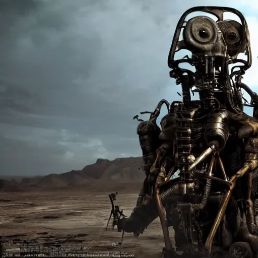 Image similar to ant humanoid mechanic, post-apocalyptic, mad max style, top cinematic lighting , cinematic mood, very detailed,