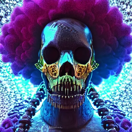 Image similar to a golden skull face african electric shaman with an afro made of flowers, third eye art art by machina infinitum, complexity from simplicity, rendered in octane, mandelbulb 3 d, ambient occlusion, macro photography, tribal, retrowave