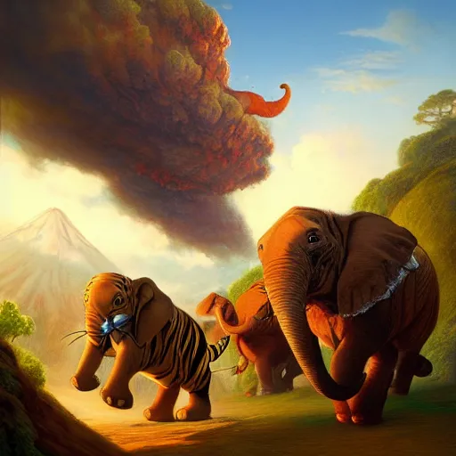 Image similar to tiger, rabbit and elephant running away from a volcano by justin gerard, deviantart