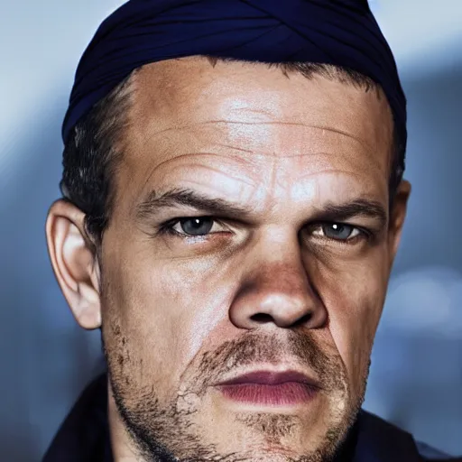 Prompt: beautiful extreme closeup frontpage of blue turban fashion magazine portrait photo of jason bourne, highly detailed