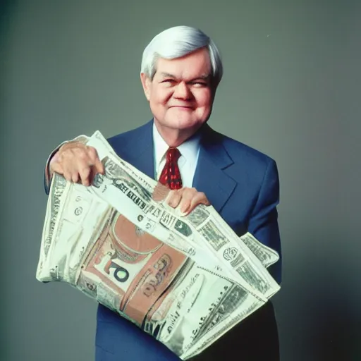 Prompt: Former House Speaker Newt Gingrich holding a big bag of money. CineStill