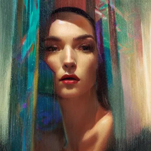 Image similar to detailed face of a woman clothed wrapped in textiles, lush, opulent, fauna, utopian, tech noir, wet reflections, prism, atmospheric, ambient, pj crook, syd mead, livia prima, artgerm, greg rutkowski, nick alm, casey baugh