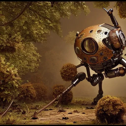Image similar to steampunk robots that are also insects, trending on artstation, octane render, in a forest, photorealistic