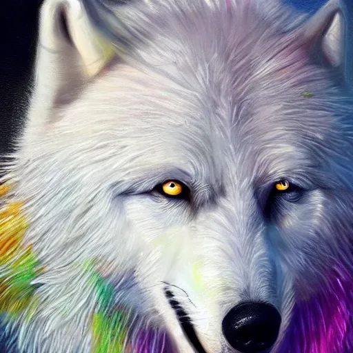 Image similar to A white wolf wearing an eyepatch, portrait, very detailed, artstation, award winning masterpiece, colourful, oil painting