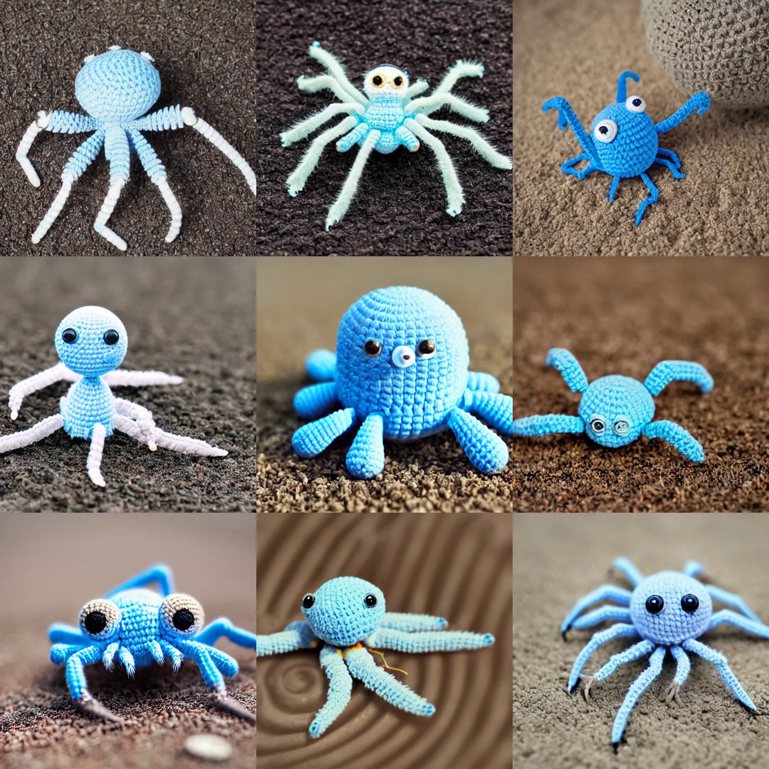 Prompt: cute fluffy light blue color spider with short arms and big button eyes crochet doll standing on sand, hyperrealistic photograph, highly detailed, tactile, 8k, close up, macro