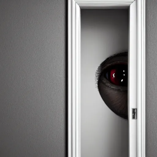 Image similar to shiny eyes peering out of a slightly opened closet door in a dark bedroom