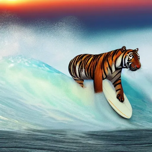 Image similar to a closeup photorealistic photograph of a smiling cute tiger hippopotamus riding a large wave during sunset. surf in the background. professional capture. brightly lit scene. this 4 k hd image is trending on artstation, featured on behance, well - rendered, extra crisp, features intricate detail, epic composition and the style of unreal engine.