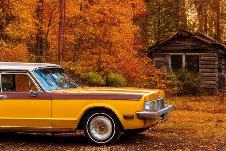 Prompt: 7 0's station wagon with wooden sides parked in an autumn forest near a cosy wooden house, golden leaves, golden hour. detailed digital art, behance, artstation, masterpiece