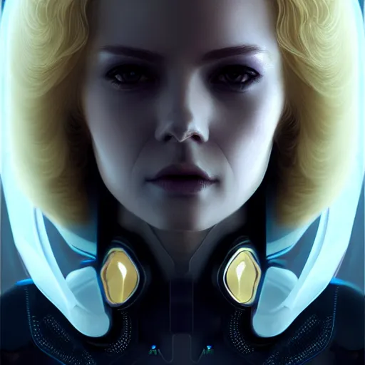 Prompt: futuristic woman android portrait, sci-fi female, striking azure eyes, face, short platinum hair tomboy, cyberpunk femme fatale, intricate, elegant alabaster skin, highly detailed gold filigree, digital painting, artstation, concept art, smooth, sharp focus, illustration, art by artgerm and greg rutkowski and alphonse mucha