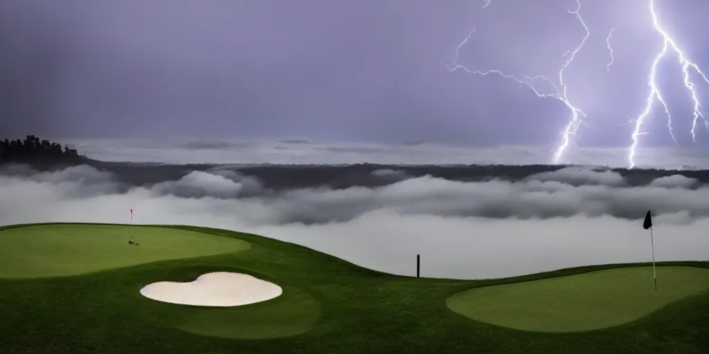 Prompt: a great photograph of the most amazing golf hole in the world, on top of the clouds, lightning storm, ambient light, golf digest, top 1 0 0, fog