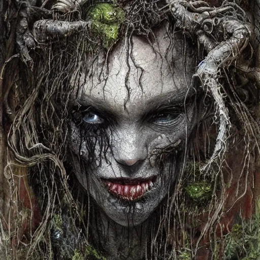 Image similar to realistic portrait undead creature made of rotting driftwood and moss. heald together by spiderwebs and fungi, dungeons and dragons, by Elodie Mondoloni, detailed intricate ink illustration, dark atmosphere, detailed illustration, hd, 4k, digital art, overdetailed art, concept art, by greg rutkowski, by loish, complementing colors, Trending on artstation, deviantart