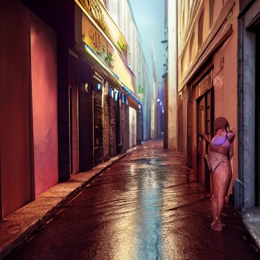 Prompt: photo realistic lively alley in paris at night after rain storm with warm glowing lamps and graffiti on walls with a woman in a pink bikini walking her large purple dog noir goddess, character design, dark fantasy, photo realistic, unreal engine, terrifying ambience, smooth lighting, cinematic lighting, masterpiece, ultra detailed, hyper realistic, octane render, 8 k, photo - realistic