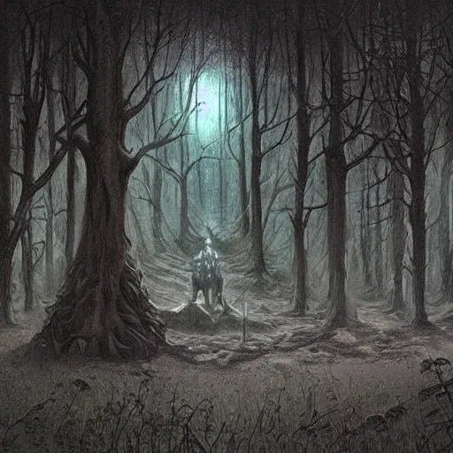 Image similar to occult sacrifice in the woods, skinwalkers involved, detailed concept art beksinski style