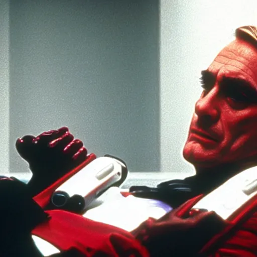 Image similar to a scene from the movie dead ringers with clean shaven jeremy irons, dark cinematic lighting, heavy black and red palette and color contrast, medical equipment, movie directed by wes craven