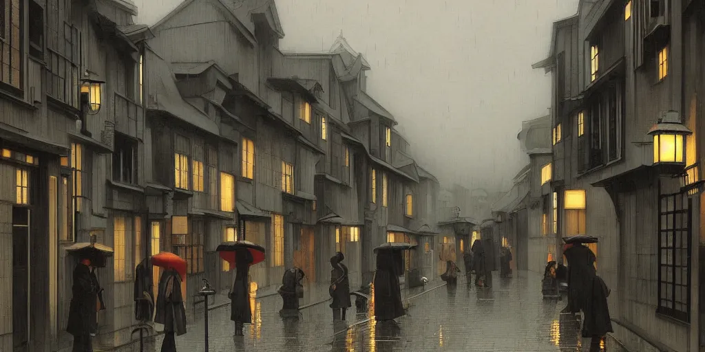 Image similar to a typical japanese city street in the rain, vermeer painting, dark academia aesthetic, matte painting, photorealistic, grey overcast day, by gerard brom