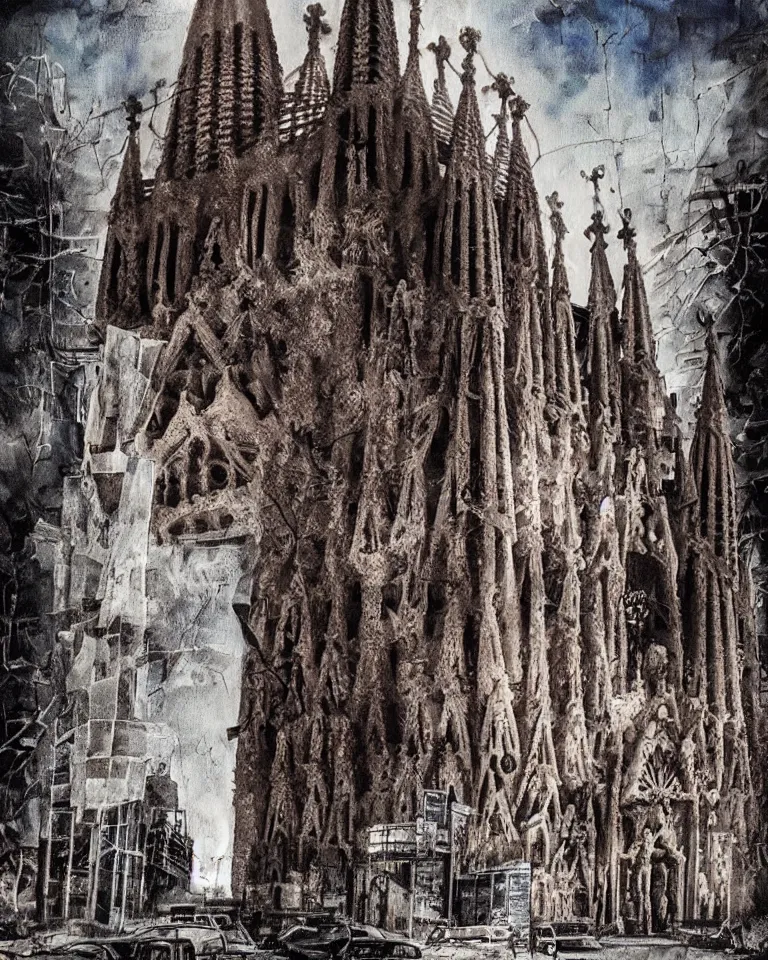 Image similar to abandoned streets, La Sagrada Familia, post-apocalyptic painting, cosmic horror