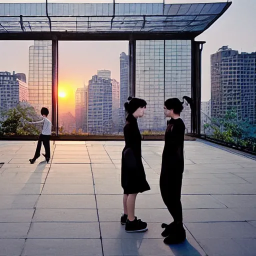 Prompt: a small rooftop with a couple of modern teenagers, standing and talking to each other, wearing black modern clothes, modern shanghai bund is on the background, sunset, by gregory crewdson, by hajime sorayama