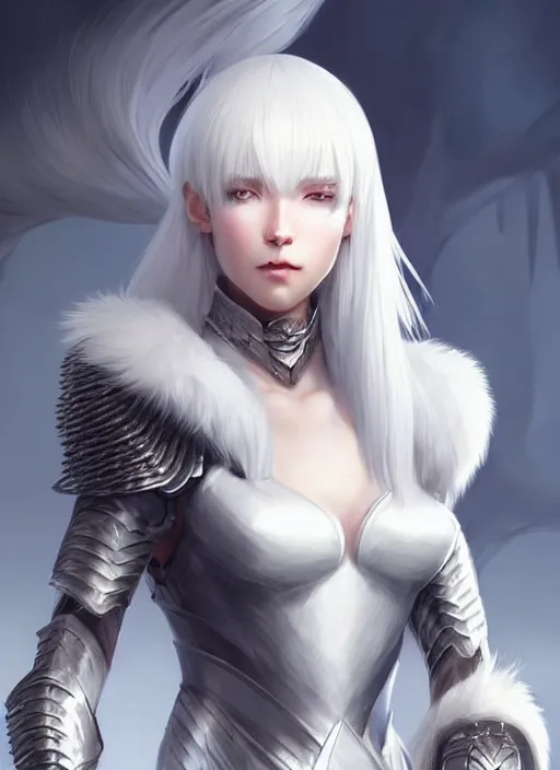 Image similar to fur - lined armor!!! beautiful and elegant white haired female!! gorgeous ayes!! character concept art, sharp focus, octane render! unreal engine 5! highly rendered!! trending on artstation!! detailed linework!! illustration by artgerm, wlop, krenz cushart and chie yoshii