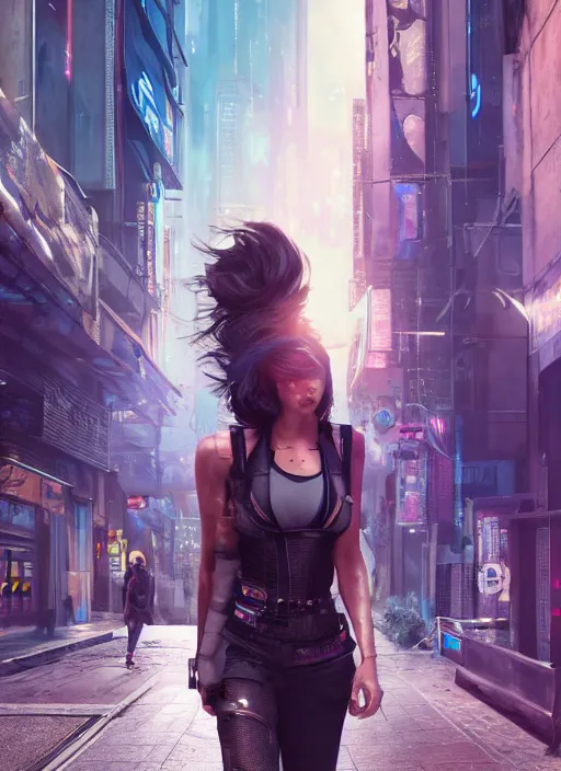 Image similar to photo of a beautiful woman walking through a cyberpunk city, full body, hyper realistic, 8 k, dslr, unreal engine, highly detailed portrait by laura sava