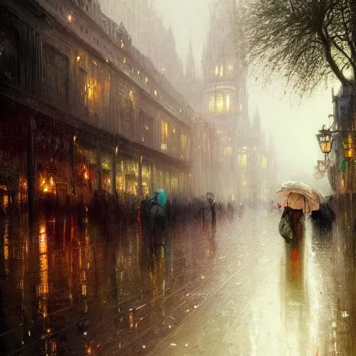 Image similar to a beautifull intricate rainy day in the city of flowers, reflexions, raindrops, high details by william turner art, greg rutkowski and alphonse mucha, trending on artstation, very very detailed, masterpiece,