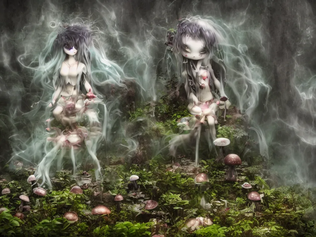 Image similar to cute fumo plush of a gothic maiden girl, inverse color, overdose, overgrown flooded mystical mushroom forest temple, mysterious ritual over tempestuous stormy water, wisps of volumetric vortices of glowing smoke and fog, vignette, vray