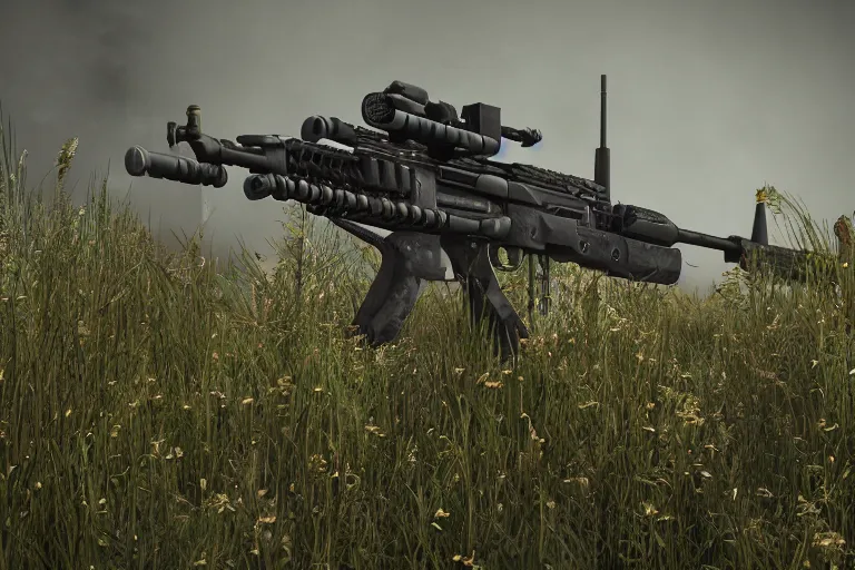 Image similar to overgrown heckler & koch mp 7 ai. octane render. substance painter painter. black, matte metal. flower field. photoreal.