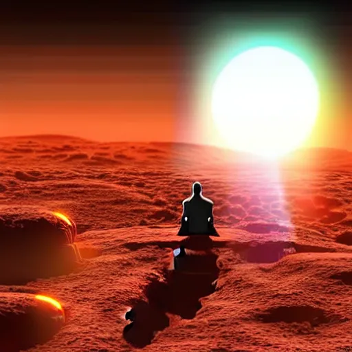 Prompt: Contemporary digital art Highly detailed Dr.Manhattan character from Watchmen watching on a beautiful sunrise on mars. Volumetric light in style of Alan Moore-s 150