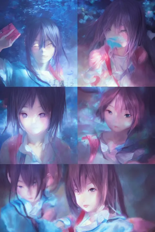 Prompt: 3d infrared octane render concept art by Mo Xiang Tong Xiu, by Igarashi Daisuke, by makoto shinkai, cute beauty cozy portrait anime schoolgirls under dark pink and blue tones, mirror room. light rays. water bellow. 3d pretty face. beauty and sad eyes. dramatic light, trending on artstation, oil painting brush